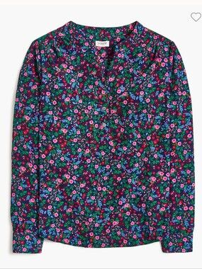 J. Crew Popover Blouse In Navy Floral with Pink & Green Accents